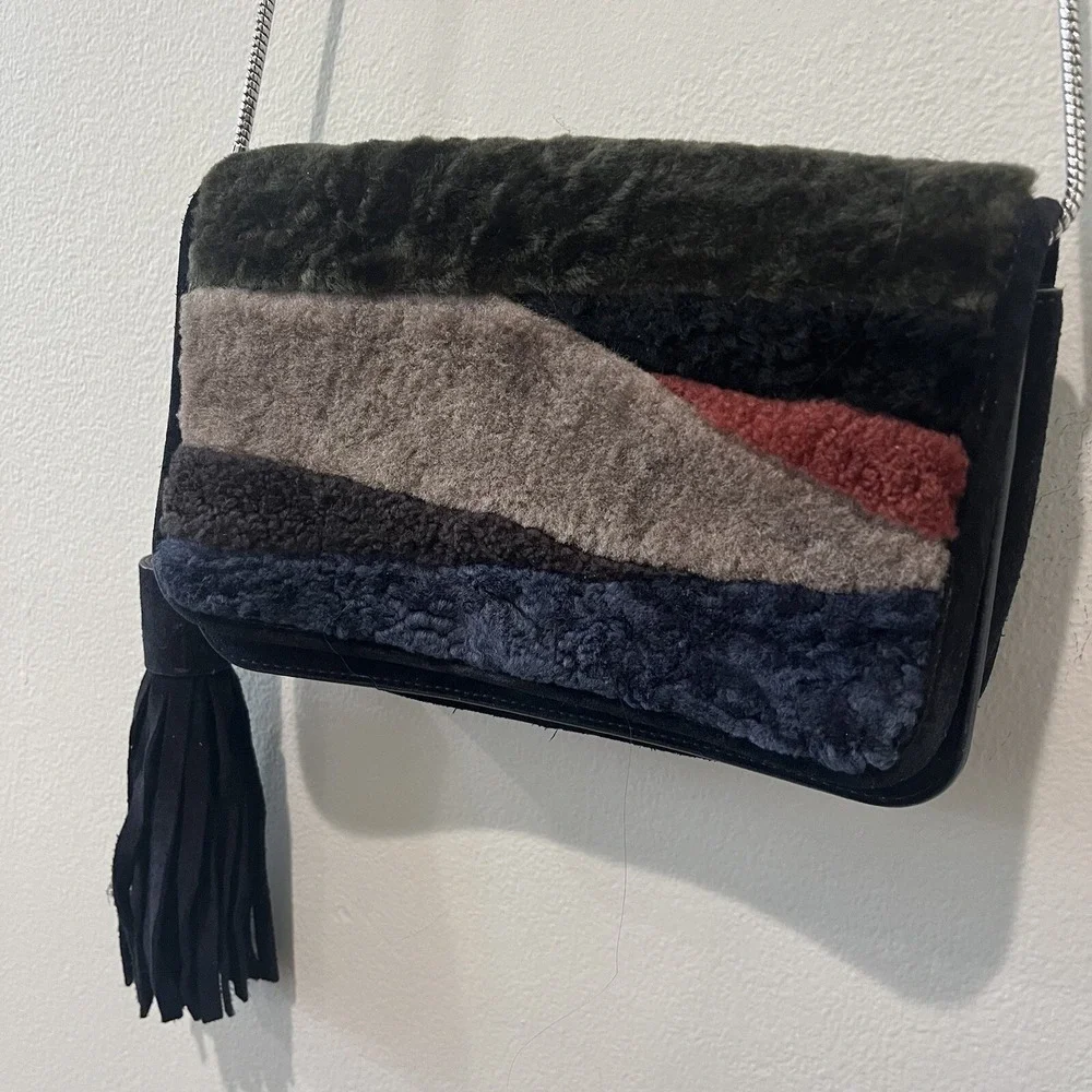 All Saints Purse Bando Shoulder Crossbody Shearling‎ Bag Colorblock Tassel